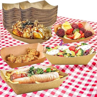 2lb Brown Paper Food Trays Heavy-Duty Paper Food Boat Disposable Serving Basket Tray for French Fries Nachos Snack Hot Dog Taco BBQ Popcorn Party Picnic Wedding Party 