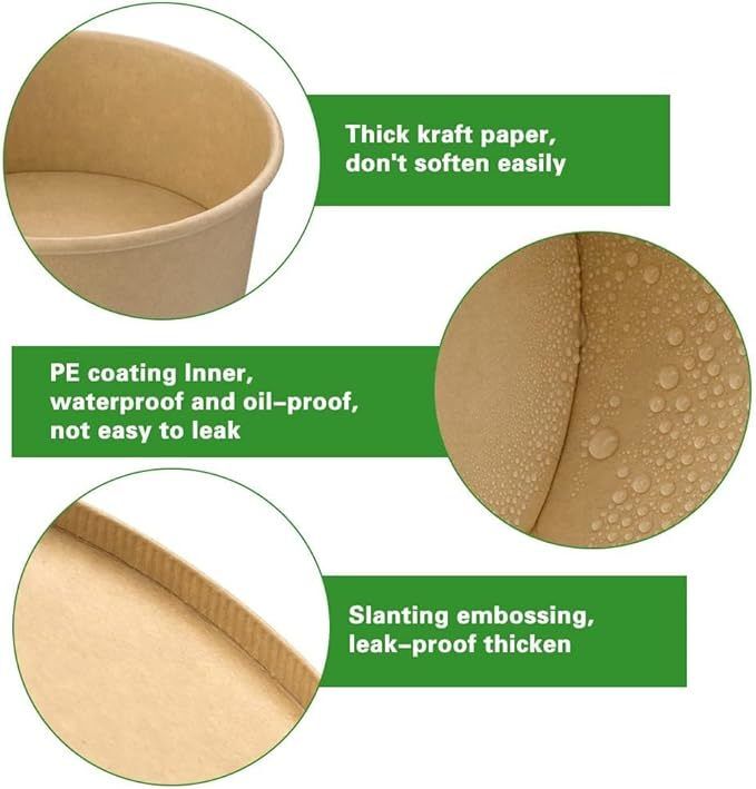 24OZ Paper Salad Bowls with Clear Lids 750 ML Disposable Round Shape Kraft Food Containers Suit for BBQ