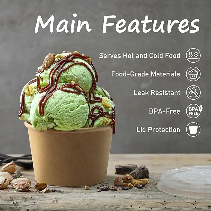  8oz Disposable Dessert Bowls with Lids for Hot or Cold Food Paper Snack Containers for Sundae Frozen Yogurt Soup 