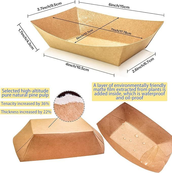 2lb Brown Paper Food Trays Heavy-Duty Paper Food Boat Disposable Serving Basket Tray for French Fries Nachos Snack Hot Dog Taco BBQ Popcorn Party Picnic Wedding Party 