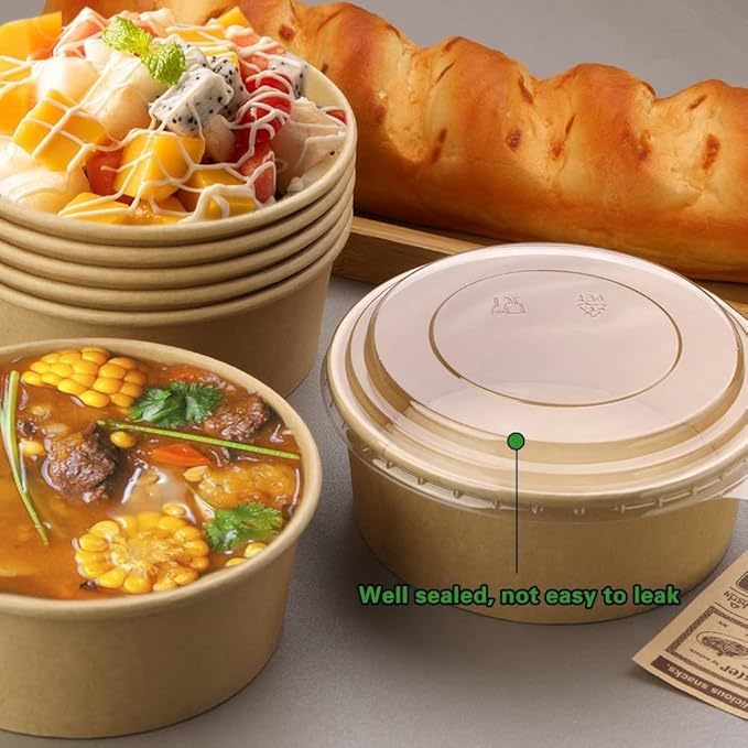 24OZ Paper Salad Bowls with Clear Lids 750 ML Disposable Round Shape Kraft Food Containers Suit for BBQ