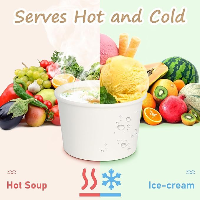 White Paper Ice Cream Cups 8oz Disposable Dessert Bowls for Hot or Cold Food Lids Not Included Paper Snack Containers for Sundae Frozen Yogurt Soup