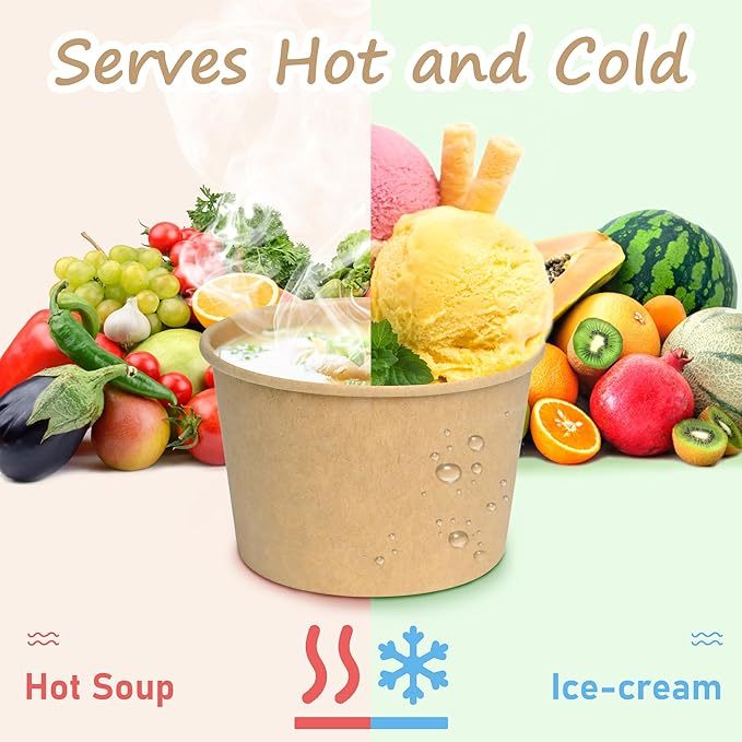  8oz Disposable Dessert Bowls with Lids for Hot or Cold Food Paper Snack Containers for Sundae Frozen Yogurt Soup 