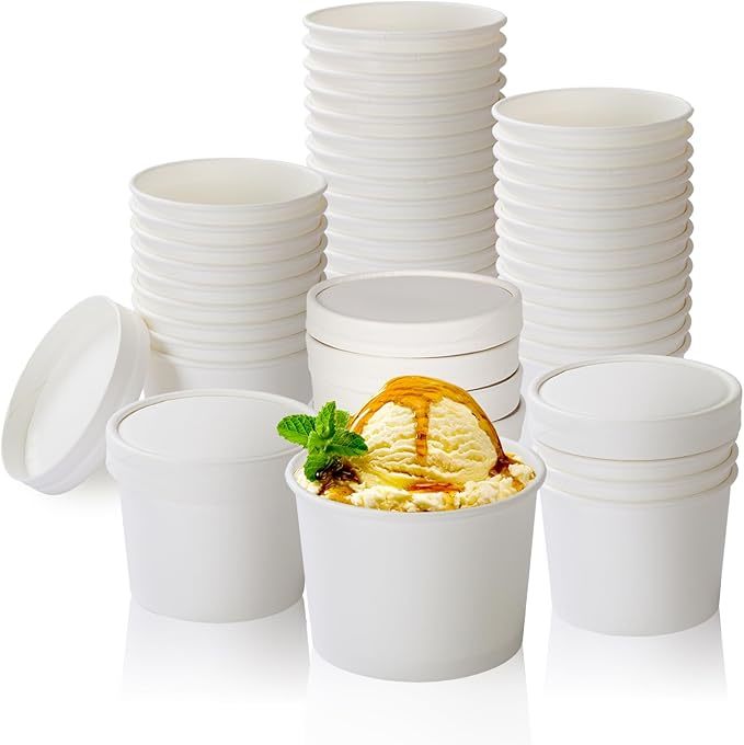 4oz White Paper Soup Containers with Lids Disposable Paper Food Containers with Vented Lid Kraft Ice Cream Cake Dessert Cups Soup Bowl for Party Hot Food Fruit
