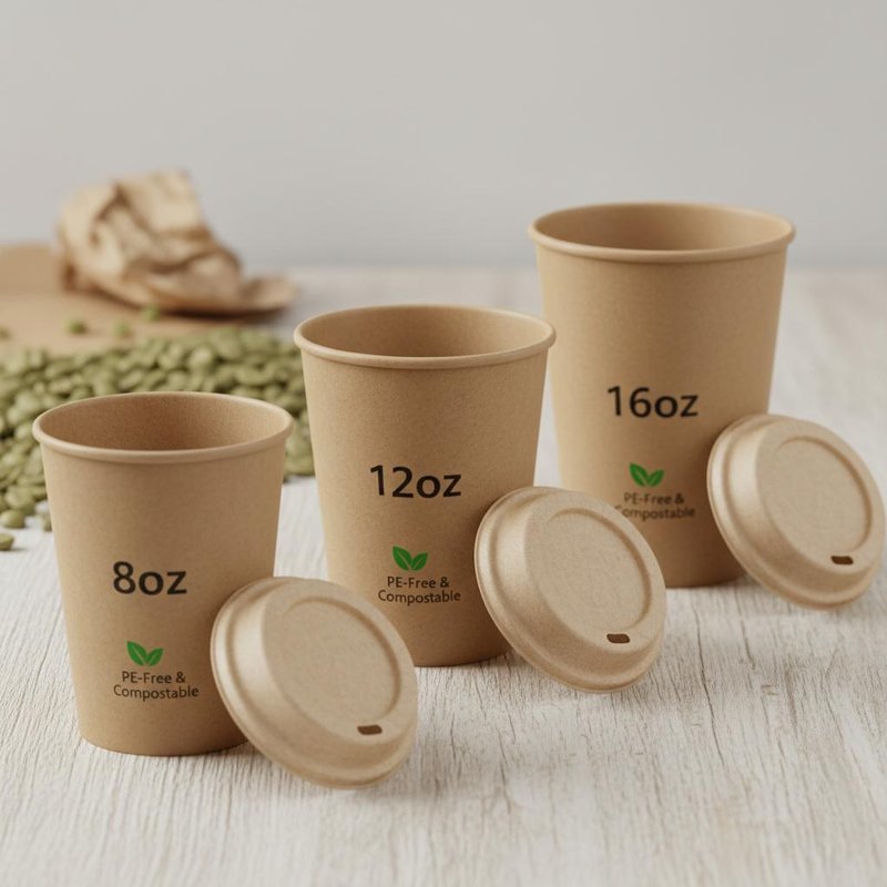 Biodegradable Kraft Paper Coffee Cup Compostable Lid Included PE Free 8oz 12oz 16oz Custom